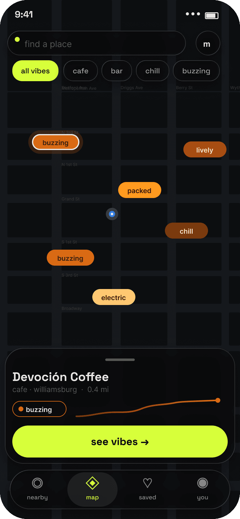 map screen: energy pins across williamsburg and a card for devoción coffee, buzzing, with a line showing the last 4 hours